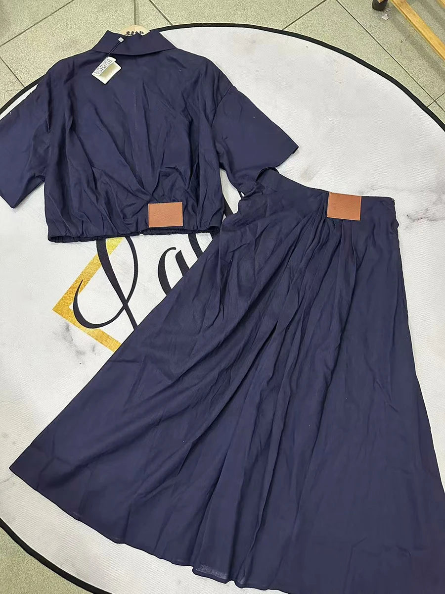 TWOTWINSTYLE Solid Causal Two Piece Sets for Women Lapel Short Sleeves Spliced Zipper Top High Waist Skirt Set Female Fashion