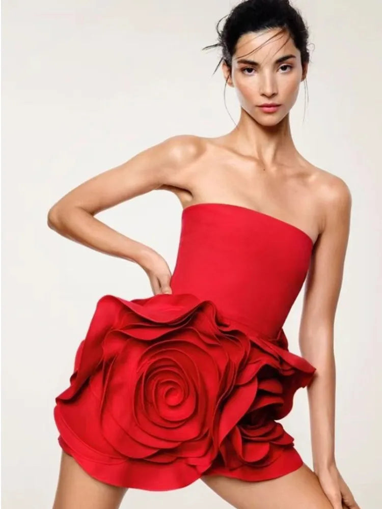 2024 New Spring Women Sexy Strapless Big Flowers Bodycon Mini Dress Cute Celebrity Birthday Party Girls' Homecoming Dress