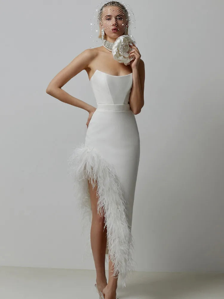 Women Spring Sexy Strapless Backless Black White Pink Feather Midi Bandage Dress 2023 Knitted Elegant Evening Club Party Dress