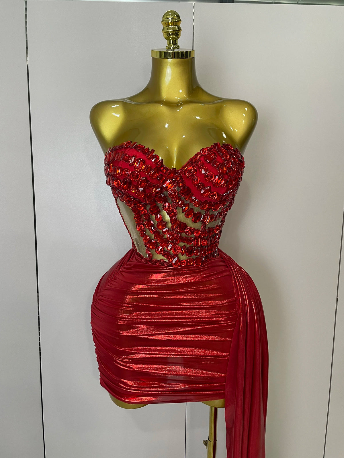 Sparkly Red Diamonds Two Piece Set Sexy Strapless Backless Women Outfit Evening Party Nightclub Stage Performance Dance Costume