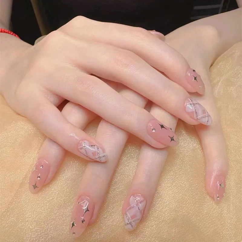 24Pcs Almond Press on Nails Y2K Star Diamond Designs for Cool Girls Nude Color Fake Nails for Women Full Cover False Nail Tips