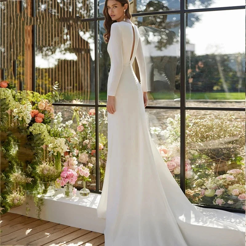 Wedding Dress Sexy V-Neck Pleated Bridal Gowns Elegant High Slit Cut Out Back vestidos de noiva Elegant Customize To Measures