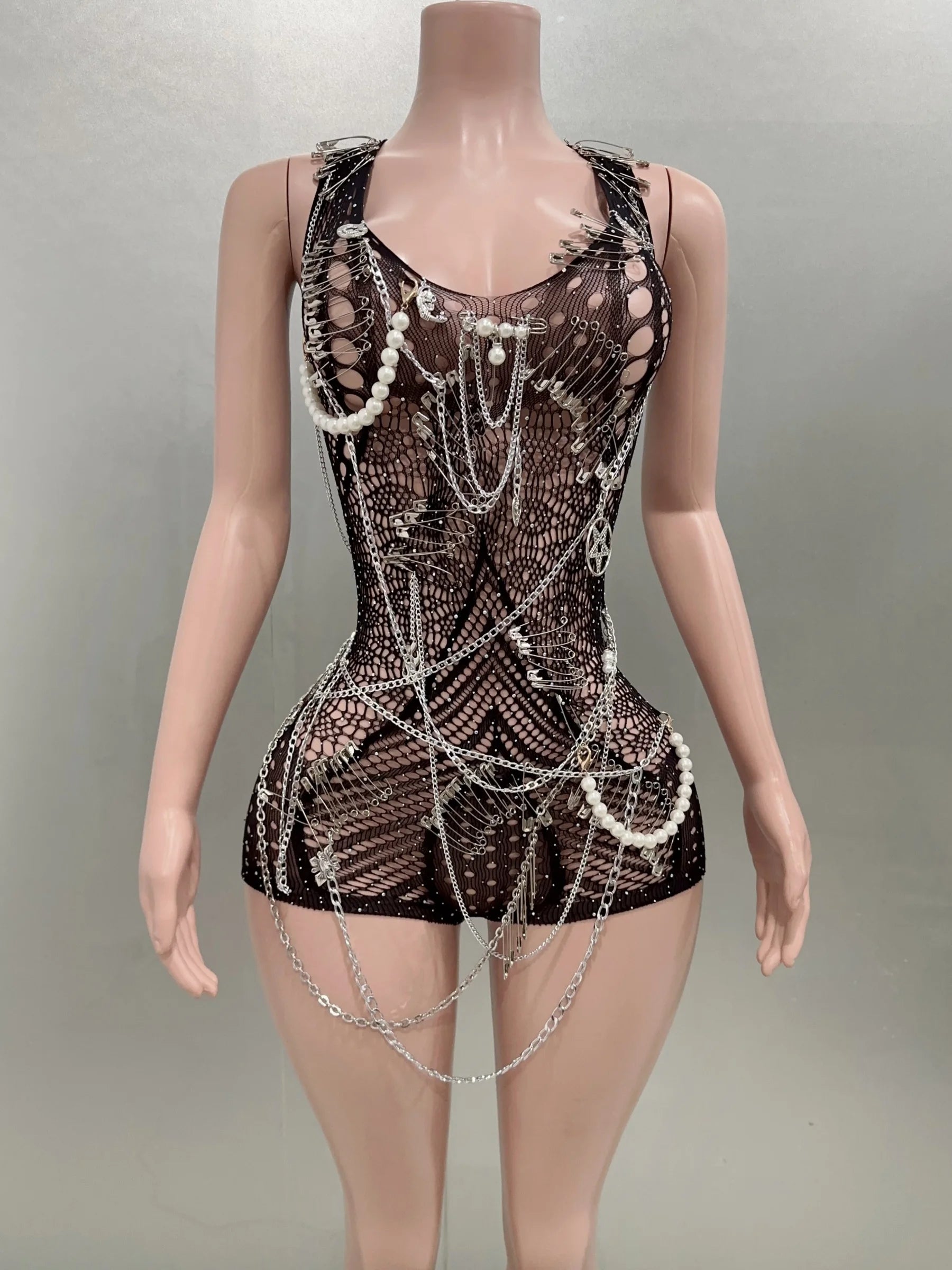 Celebrity Fashion Nightclub Party Birthday Wear Women Sexy Mesh See Through Bodycon Beading Playsuit Performance Costume