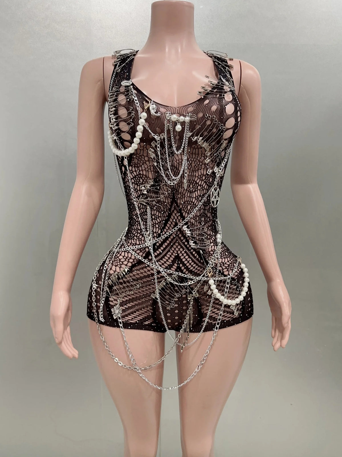 Celebrity Fashion Nightclub Party Birthday Wear Women Sexy Mesh See Through Bodycon Beading Playsuit Performance Costume