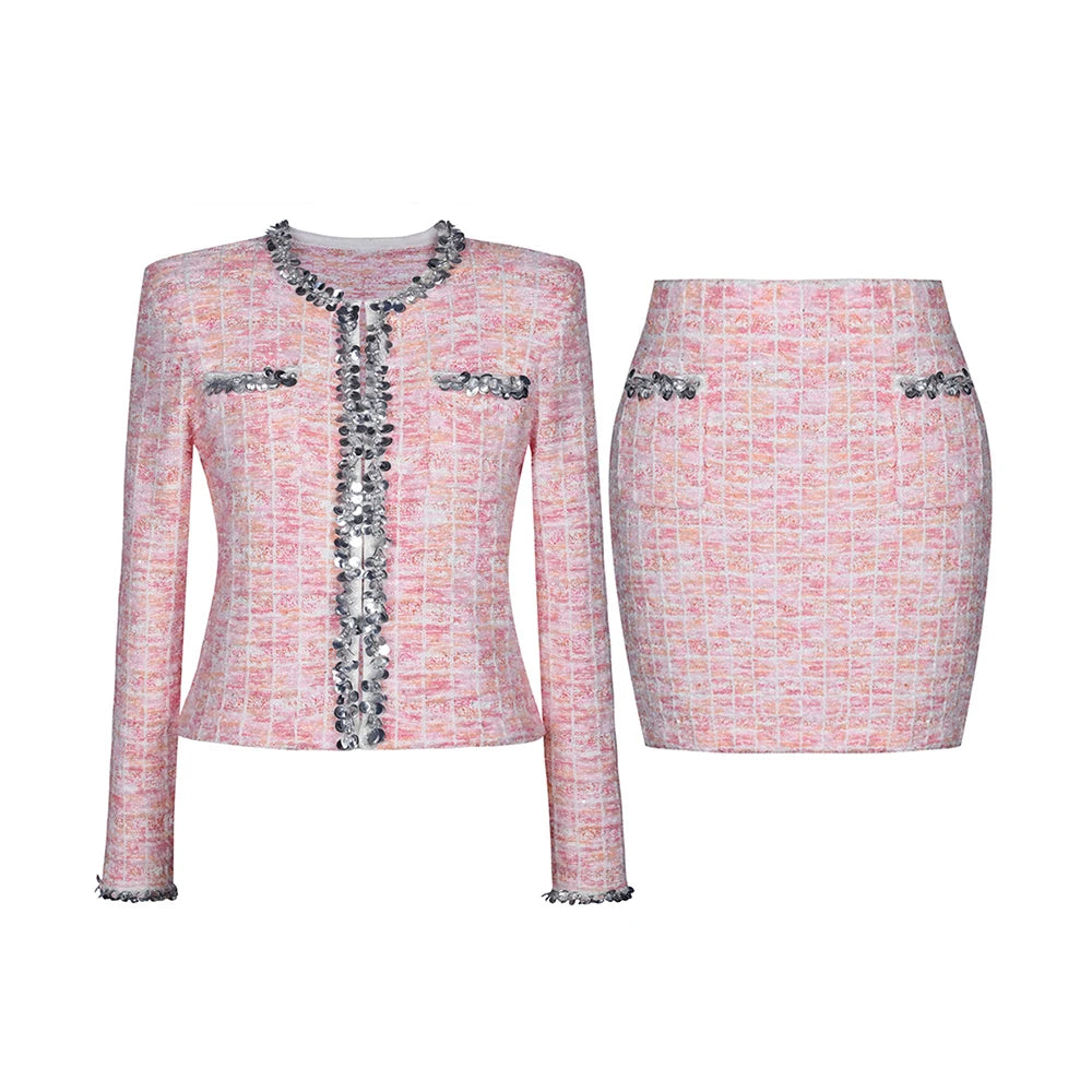 TWOTWINSTYLE Two Piece Sets for Women Round Neck Long Sleeves Spliced Diamonds Top High Waist Patchwork Pockets Skirt Female New