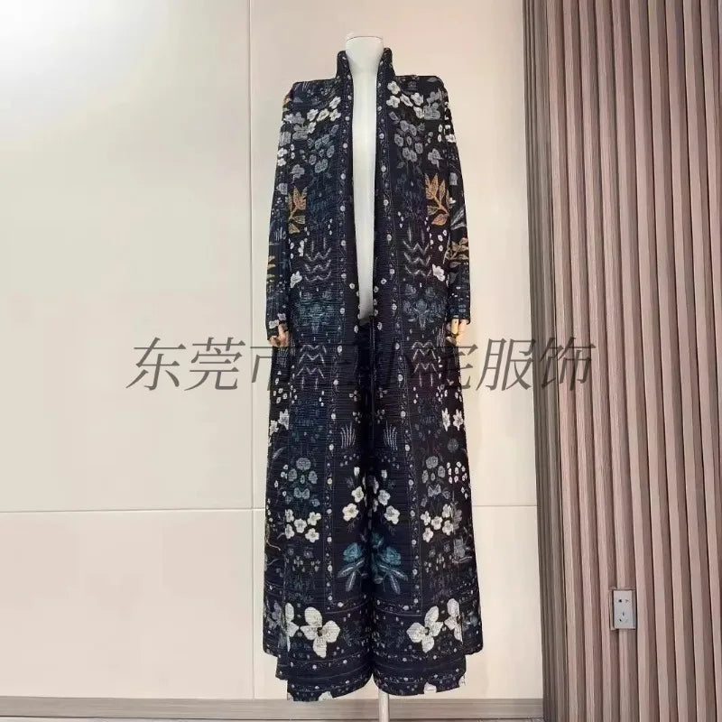 KAF Pleated Women Large Size Trench Coat 2024 Spring and Autumn New Vintage Printed Design Female Robe Arab Luxury Abaya