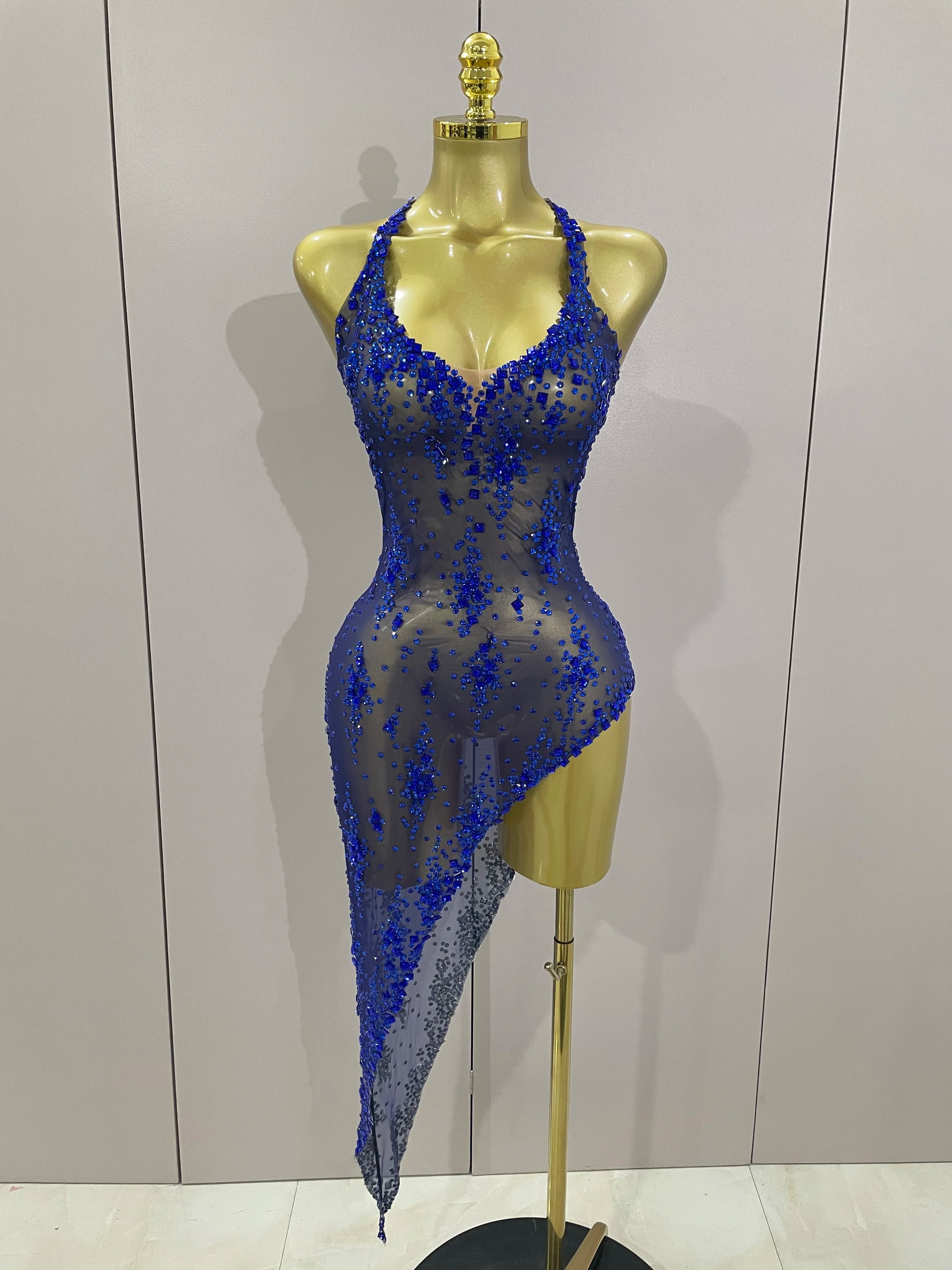2025 New Sparkly Rhinestone V Neck Stretch Mesh Sexy See Through Dress Women Elegant Party Celebrate Perform Costume Stage Outfi
