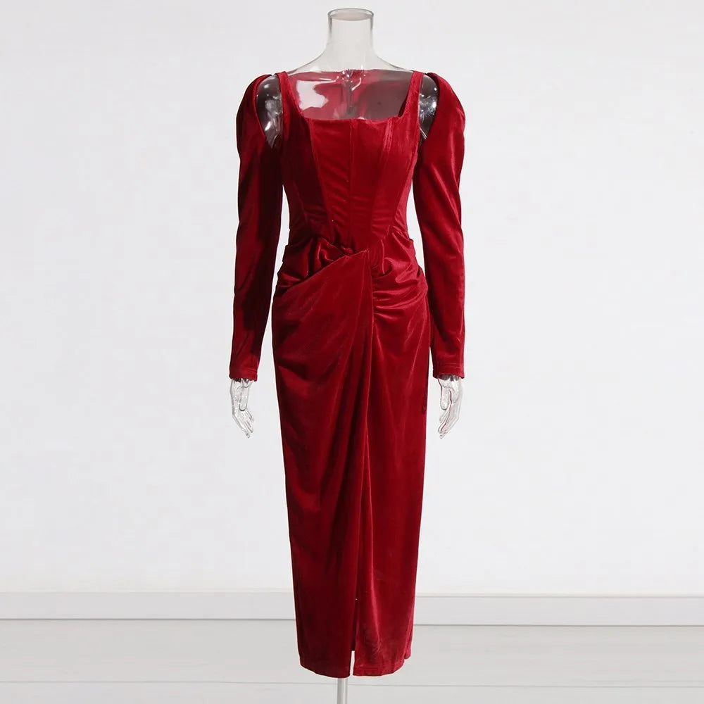 TWOTWINSTYLE Solid Patchwork Folds Elegant Dresses For Women Square Collar Long Sleeve High Waist Split Slimming Dress Female