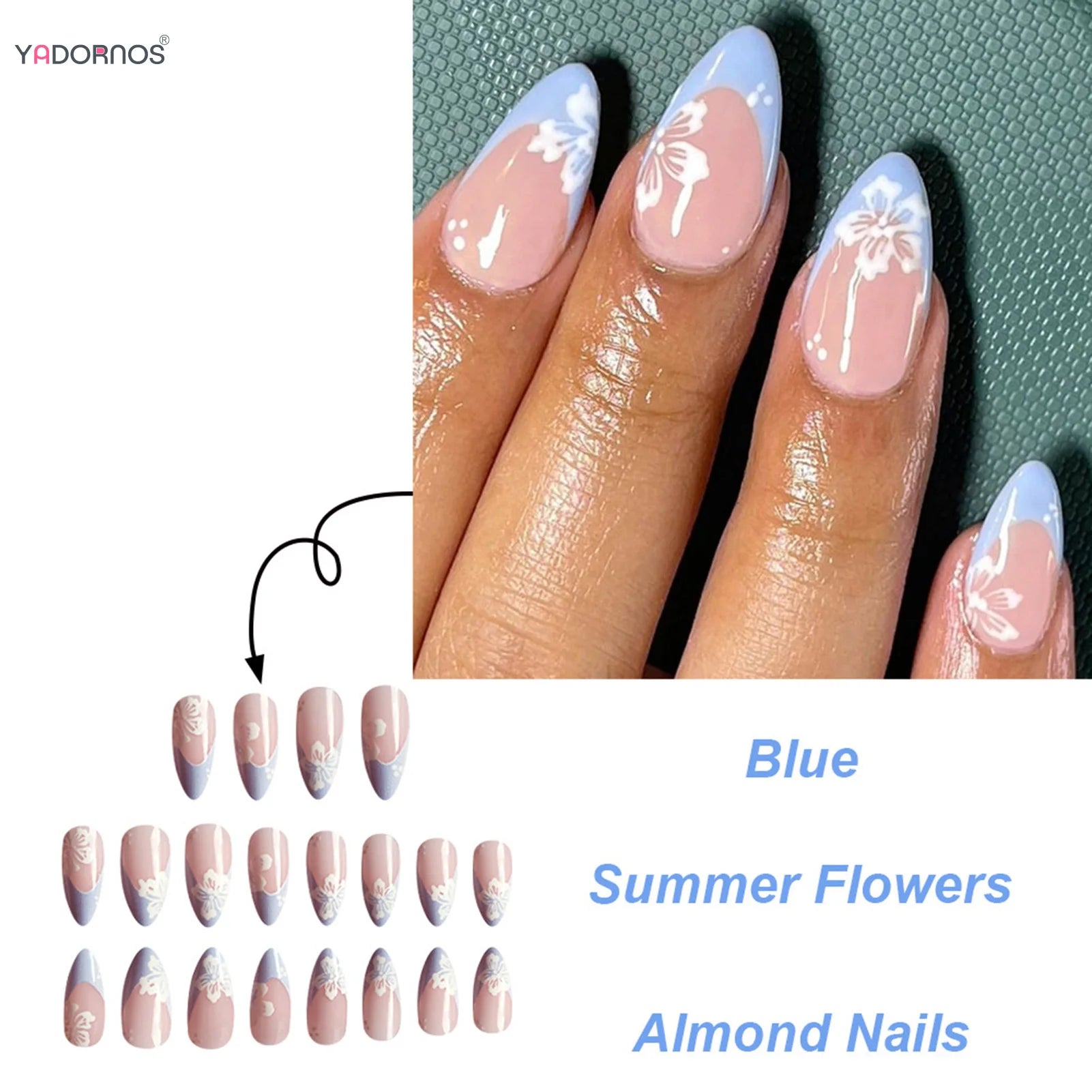 24Pcs White Flower Short Almond Press-on Nails Set Glossy Acrylic Full Cover Blue French Fake Nails Arts For Women and Girls
