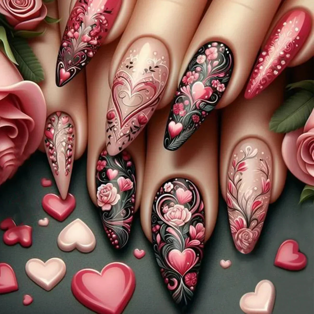 24Pcs Autumn Winter Matte Almond False Nails with Glue Rose Leaf Printing Nail Art Simple Full Cover Press on Acrylic Nails Tips