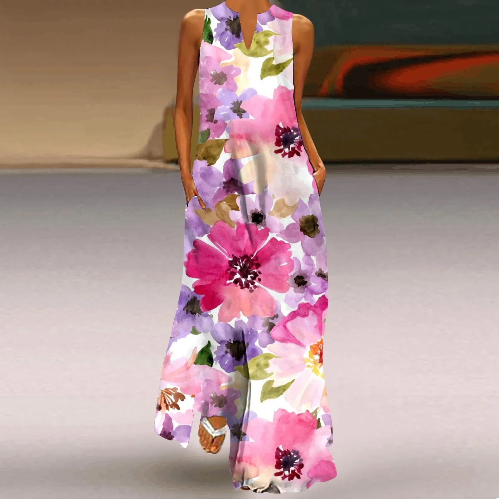 Fashionable Women's Hollow V-neck Maxi Dress Fresh Flower Print Sleeveless Loose Straight Beach Seaside Vacation Long Dress