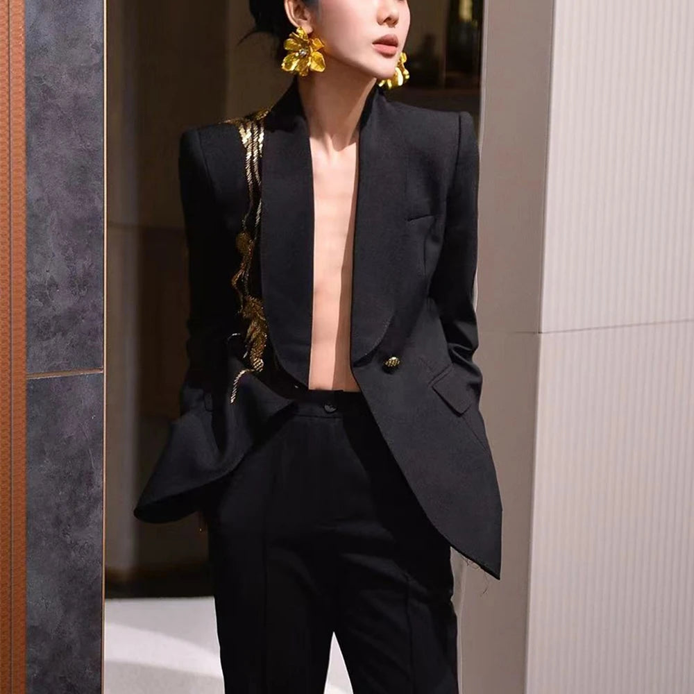 TWOTWINSTYLE Solid Slimming Spliced Bead Elegant Blazer for Women Lapel Long Sleeves Patchwork Buttons Coat Female Clothing New