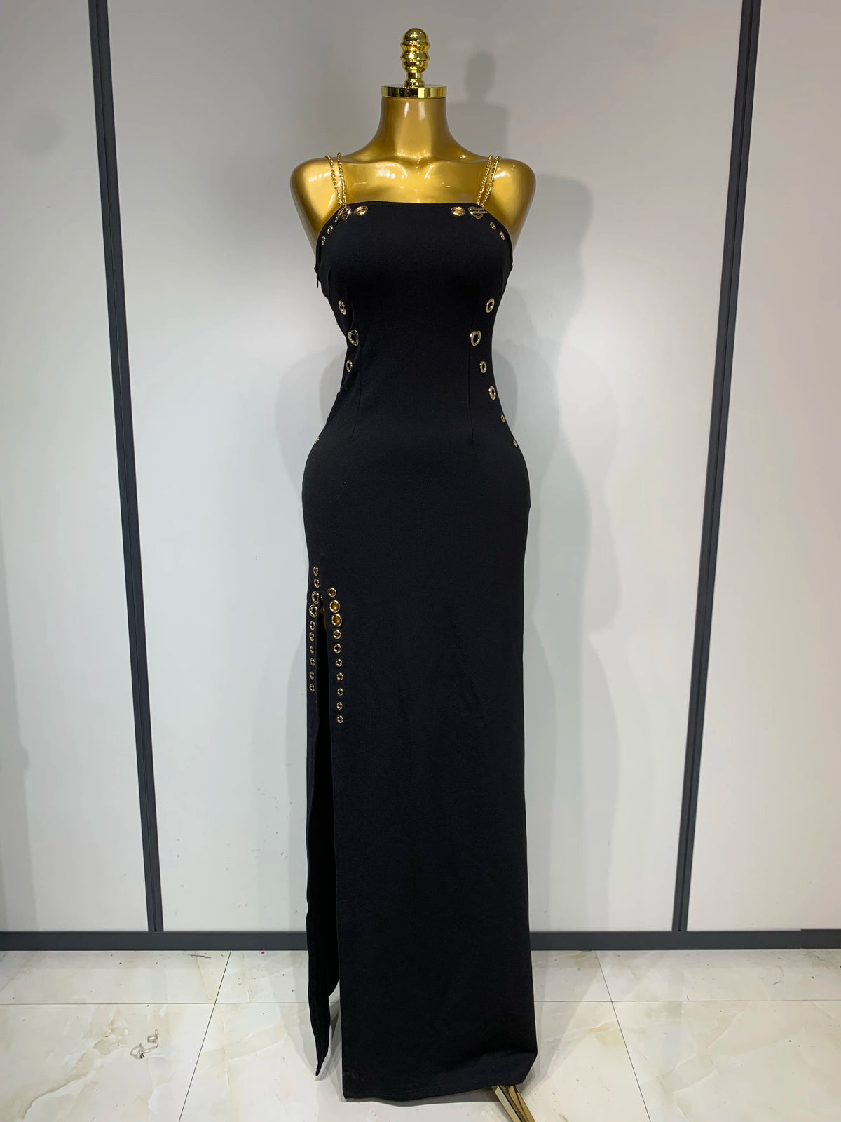 Women Sexy Sleeveless Square Colalr Chain Bodycon Maxi Long Dress Elegant Evening Party Fashion Celebrate Birthday Dress