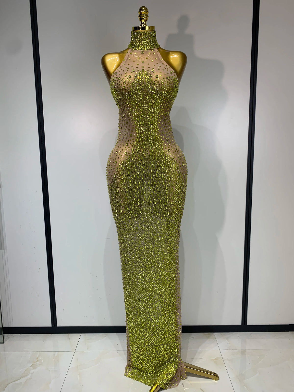 Sparkly Rhinestones Sleeveless Dress Sexy Mesh Transparent Celebrate Evening Wedding Prom Luxury Birthday Dresses Stage Outfit