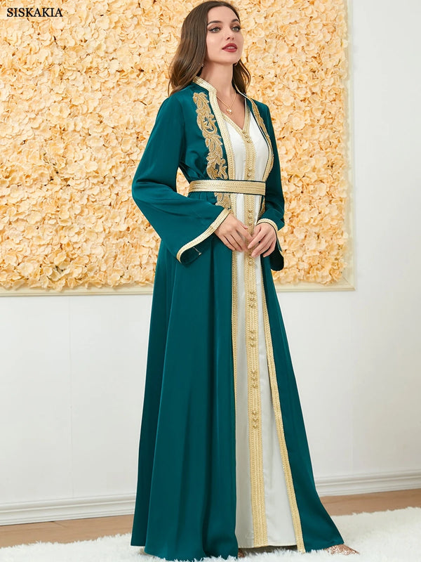 Muslim Fashion Two Piece Jilbab Robe Appliques Winter Abaya And Vest Long Dress Overgarments Islamic Women Moroccan Caftan