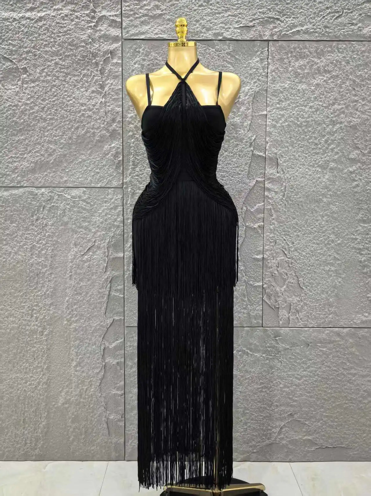 Black Color Women Sleeveless Sexy V-Neck Tassels Bodycon Long Bandage Dress Celebrate Evening Party Cocktail Outfit Vestido