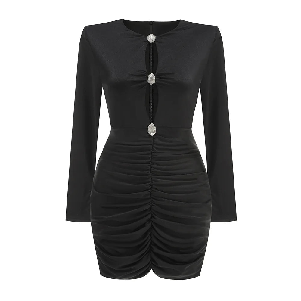 Black Color Women Long Sleeve Sexy Keyholes Bodycon Mini Dress New Spring Fashion Elegant Evening Party Cocktail Outfit