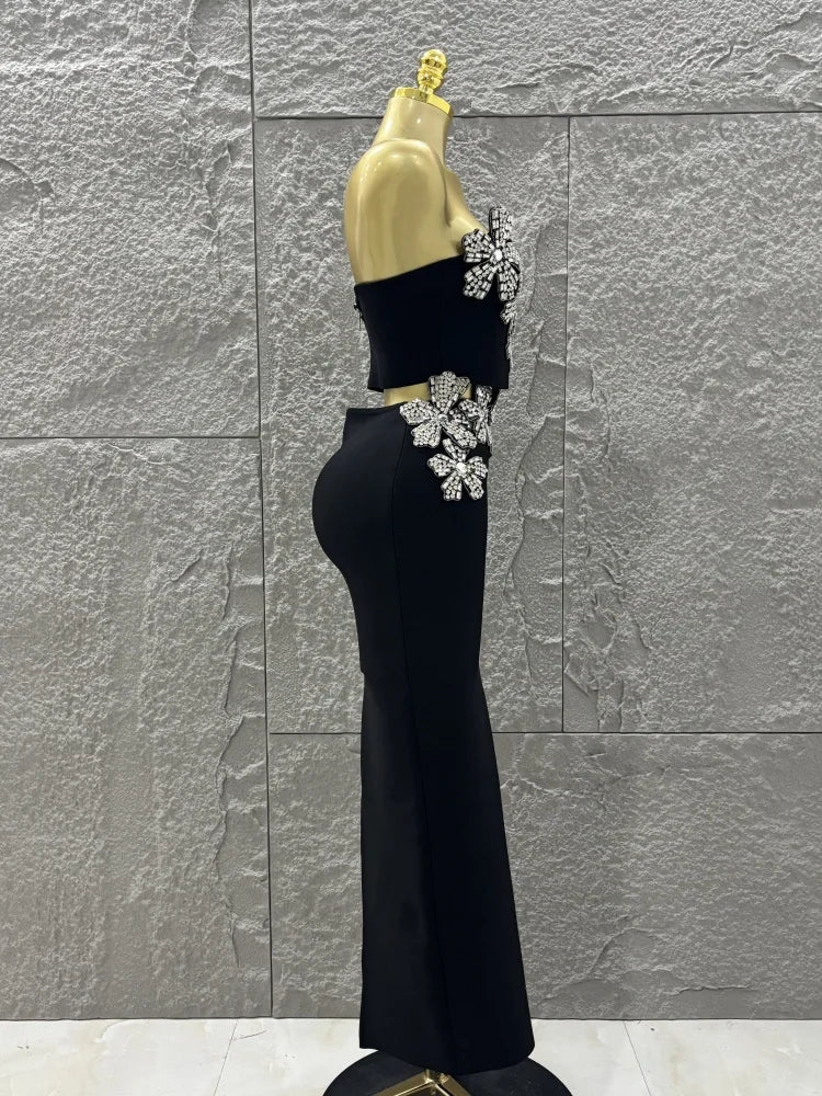 Black Color Women Shinning Diamond Flowers Sexy 2 Pieces Bodycon Long Bandage Dress Nightclub Party Celebrate Birthday Outfit
