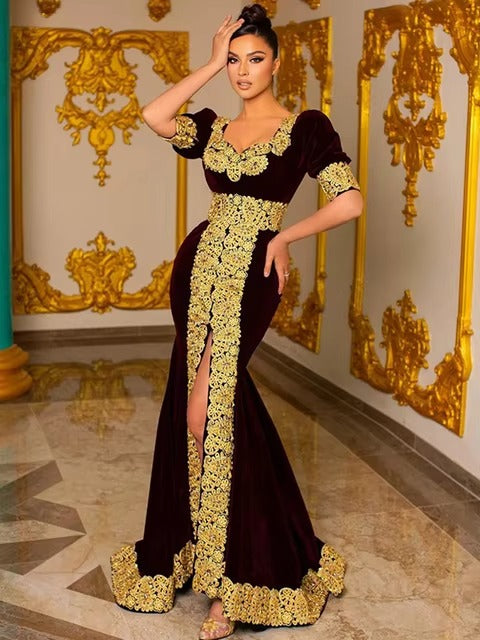 Bourgogne Maroc Caftan Robes De Soirée À Manches Courtes Glod Dentelle Sirène Robes De Bal Côté Fendu Formelle Robe De Soirée