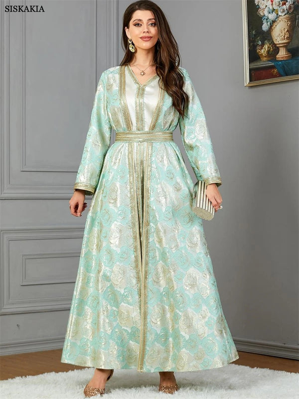Muslim Arab Autumn Winter Fashion Long Sleeve V-Neck Jacquard Belted Set Moroccan African Gulf Women Kaftan Ramadan Eid