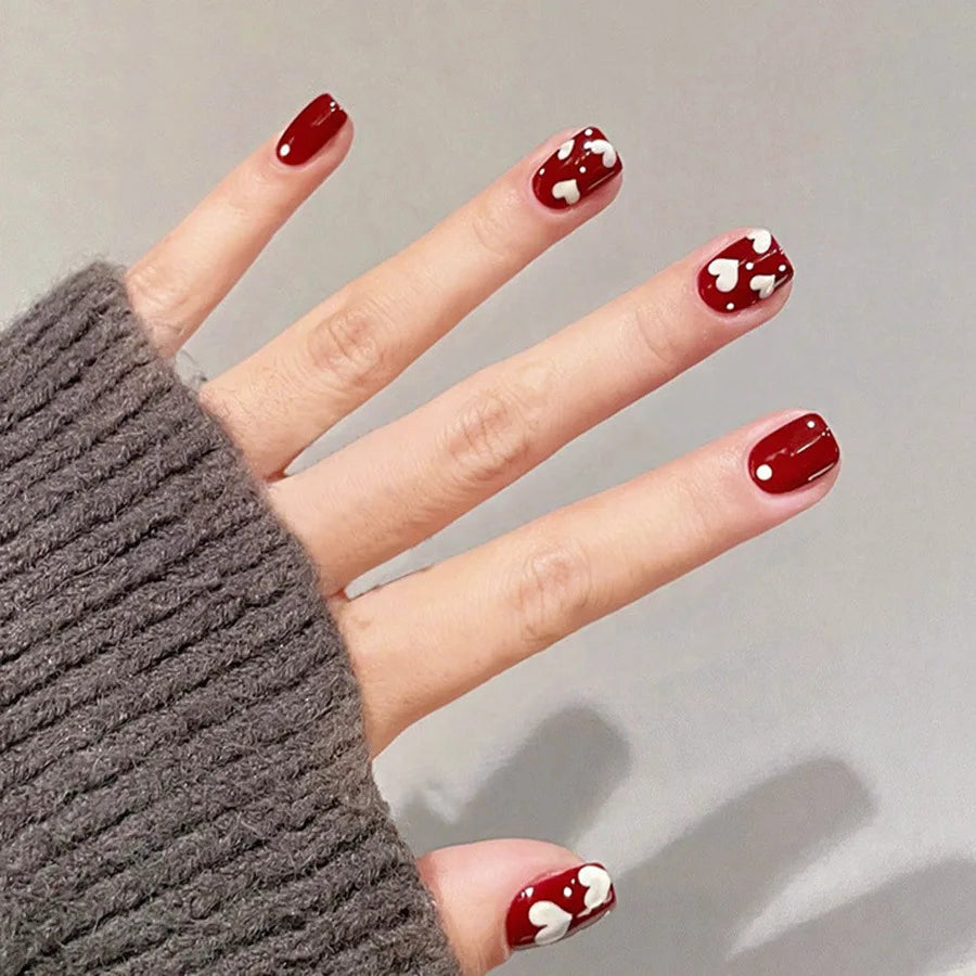 24pcs Y2K Fake Nails with Lovely Black Heart Designs Reusable French False Nails Full Cover Short Press On Nails for y2k Girls