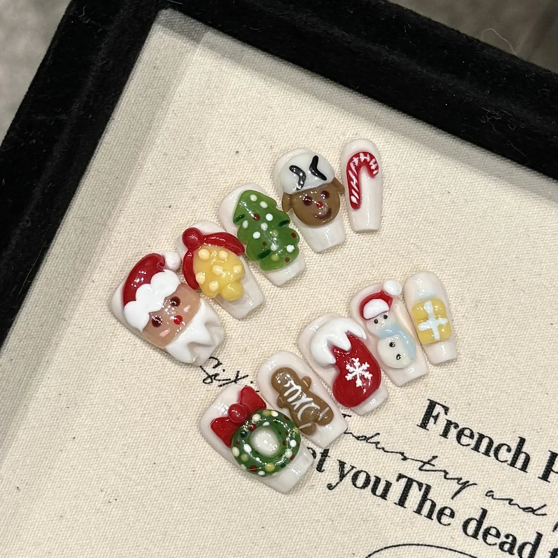 10Pcs Mid-length Christmas French Handmade Fake Nails with Cute Bowknot Winter Snowflake Nail Art Red Press on Acrylic Nail Tips