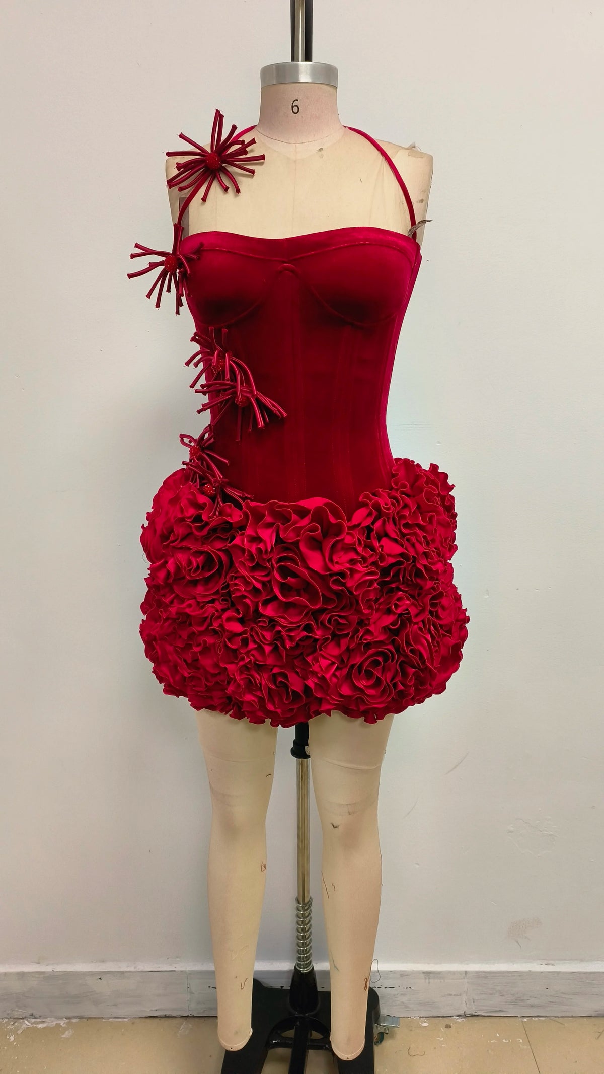 Black Red Women Sexy Strapless Laced up Tops Florals Ball Gown Mini Dress 2 Pieces Celebrate Nightclub Party Outfit Vestido