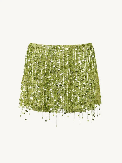 Y2K Tassel Sequin Mini Skirt Sets Women Crop Backless Sling Vest Short Hip Package A-line Skirts 2025 Summer Party Club Outfits