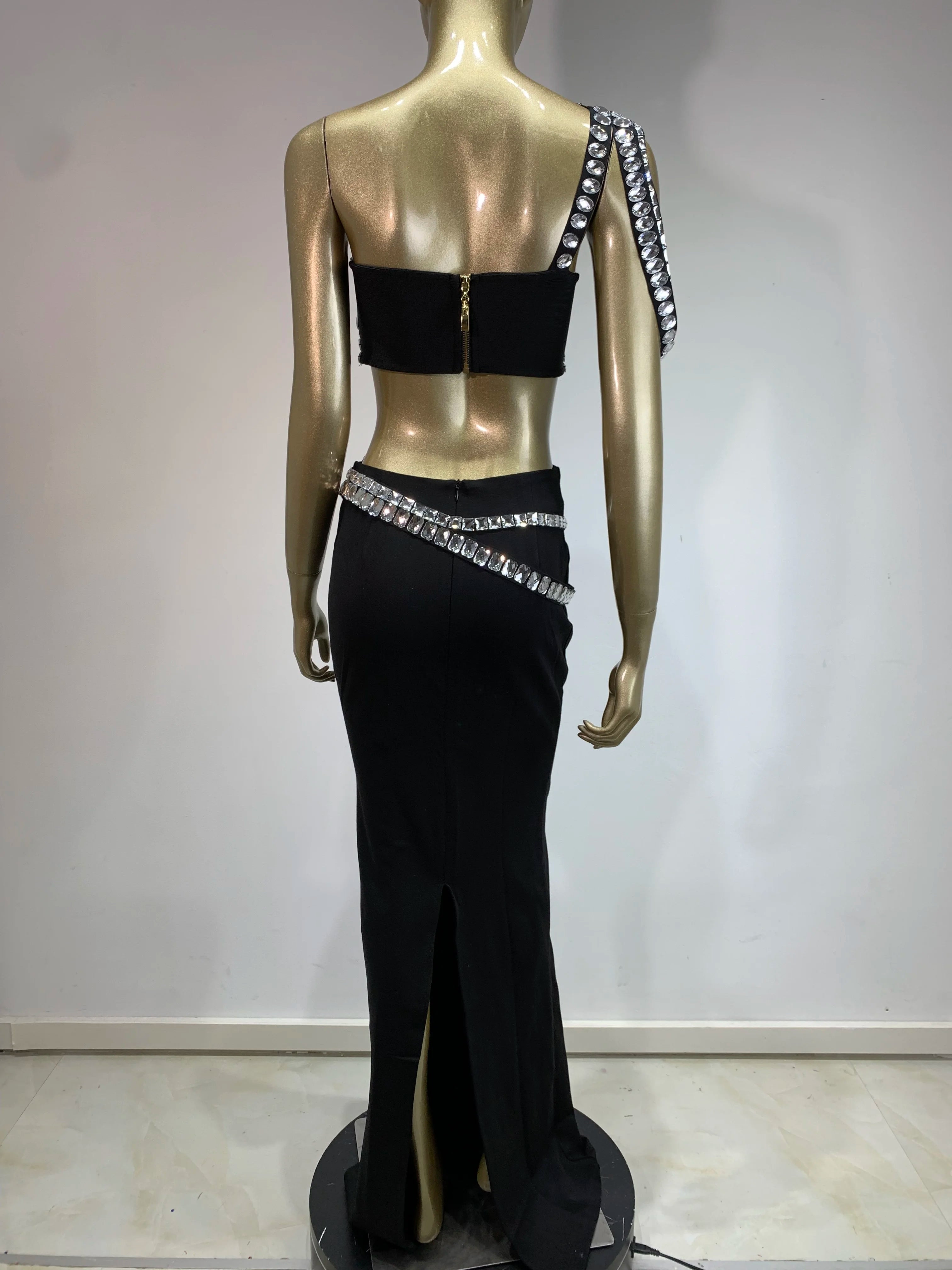 Women Summer Celebrity Sexy Beading Split Maxi Long Black Bandage Skirt Set Knitted Elegant Evening Club Party Clothing