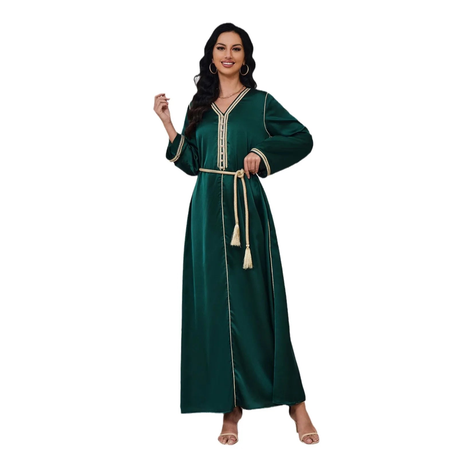 Abaya for Women Arab Dubai Muslim Women's Dress New V-neck Long Sleeves Dress with Tassel Belt Ramadan Gurban Women Abaya