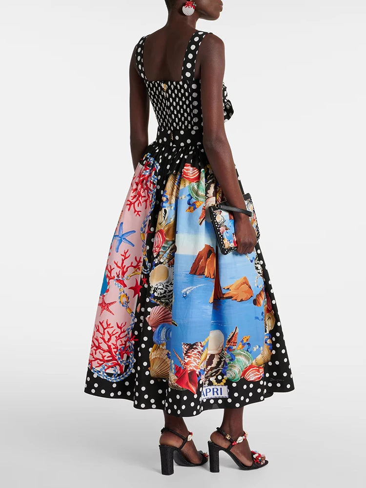 TWOTWINSTYLE Hit Color Print Two Piece Set For Women Square Collar Sleeveless Top High Waist A Line Skirt Elegant Sets Female