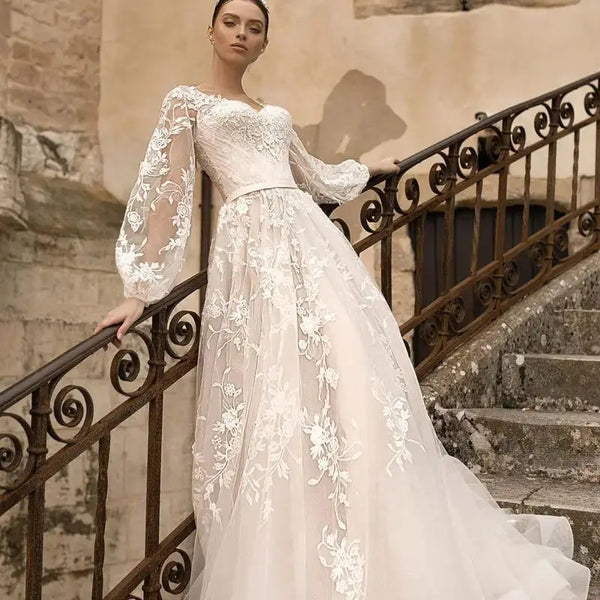Princess Wedding Dress Long Puff Sleeves A-Line Customize To Measures For Women A-Line Gorgeous Lace Appliques Bridal Gowns