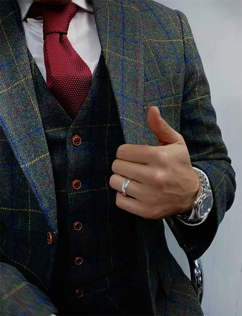 Wool Green Tweed Men Suits for Wedding Custom Made Slim Fit Blazer Groom Tuxedo Male Fashion Costume 3 Pcs Jacket Pants Vest