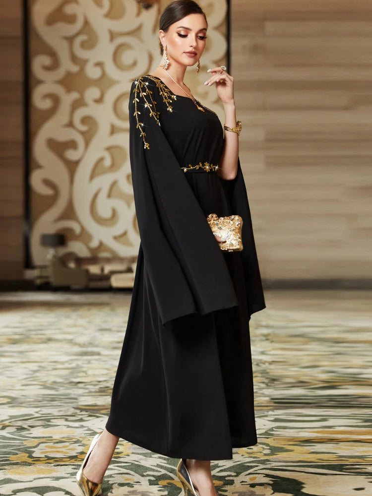 Dubai Fashion Chic Pure Handwork Diamonds Evening Party Gown Super Long Sleeve Square Collar Belted Dress Arab Robe