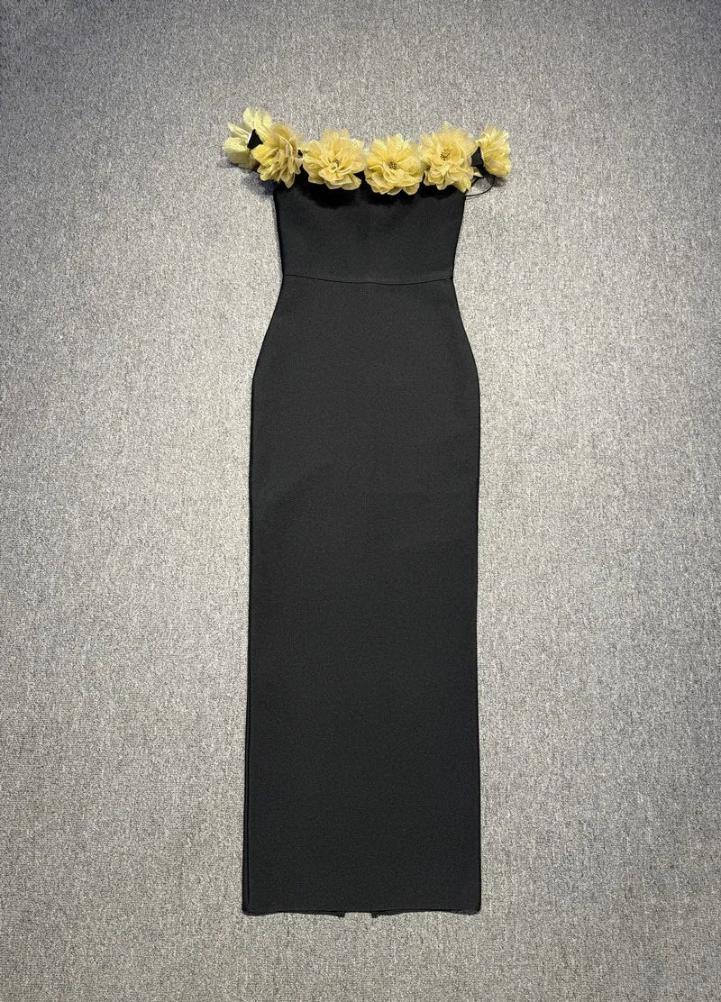 Gold Florals Women Sexy Slash Neck Off the Shoulder Bodycon Bandage Long Dress Celebrate Nightclub Party Birthday Wear