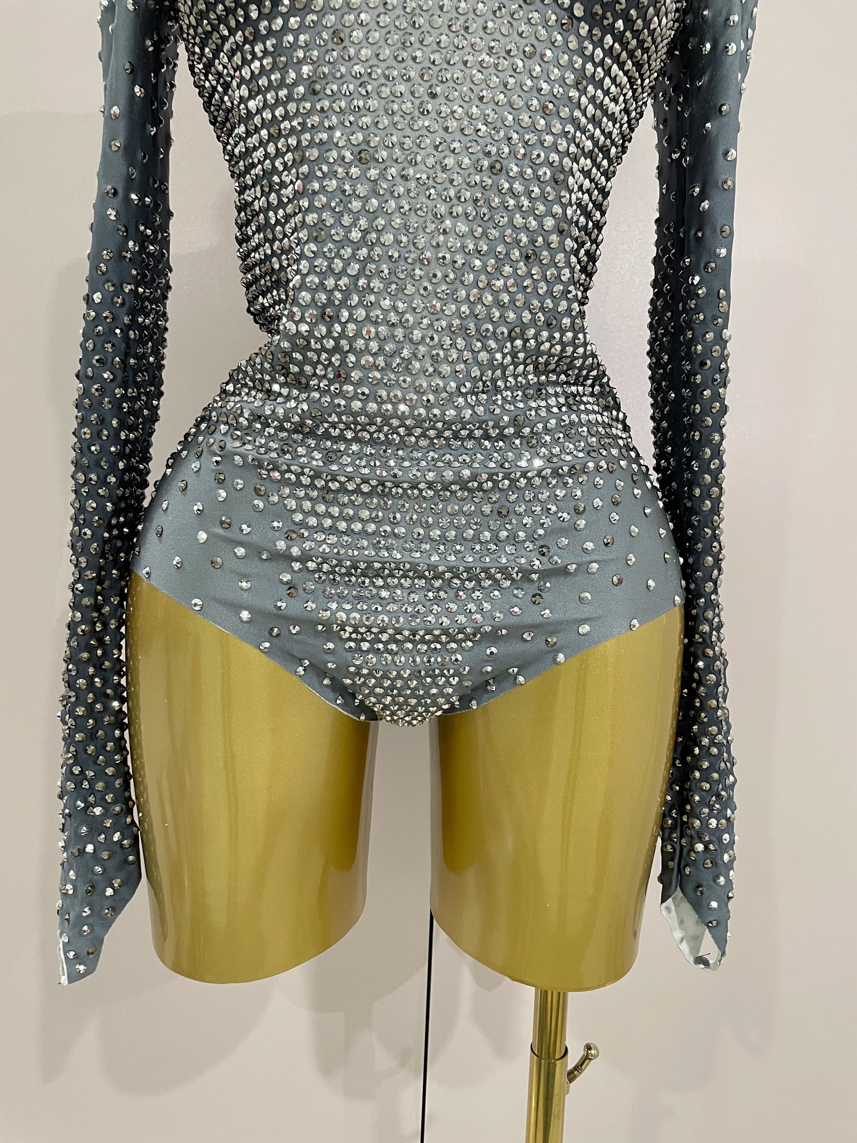 Sparkle Silver Rhinestones Long Sleeve Stretch Bodysuits 2025 New Women Evening Luxury Birthday Party Sexy Nightclub Stage Costu