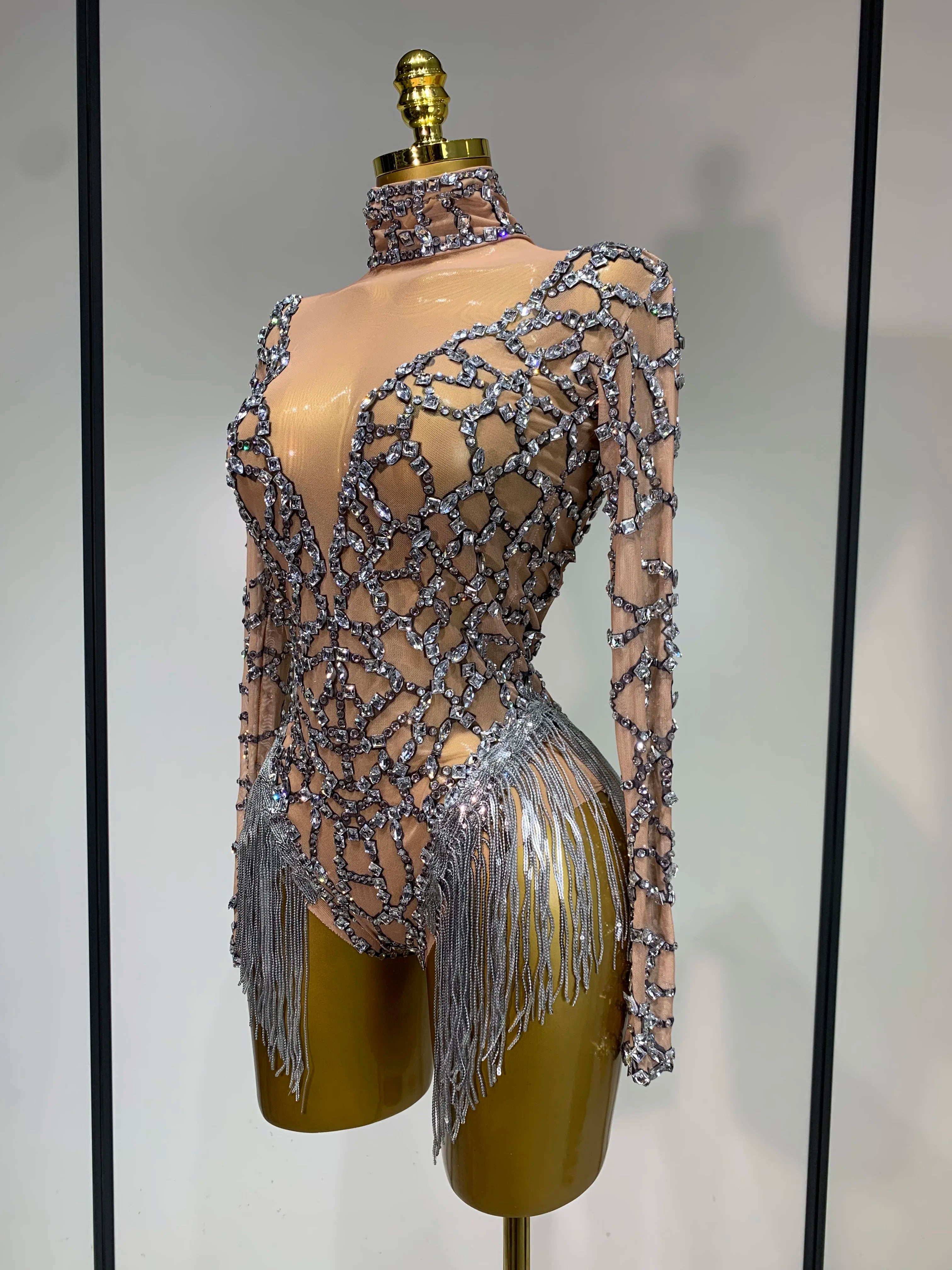 Shining Diamond Tassel Bodysuit Nightclub Stage Tight Mesh Long Sleeved High Quality Nightclub Singer Performance Costume