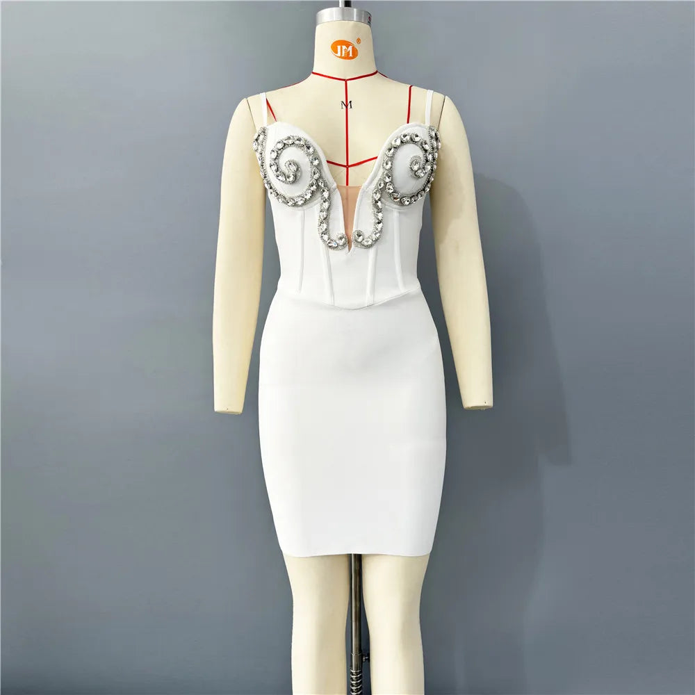 New Arrival Women Sleeveless Sexy Strap Shinning Crystal Bodycon Mini Bandage Dress Nightclub Party Girls' Vacation Outfit