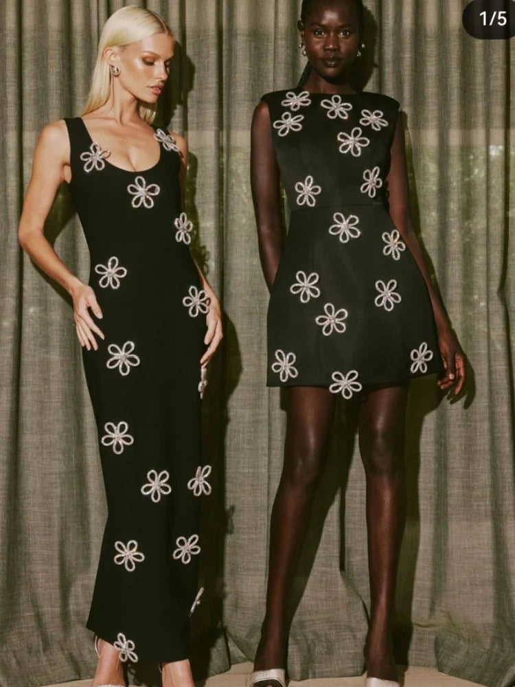 New Arrival Women Sleeveless Sexy O-Neck Diamond Flowers Bodycon Long Bandage Dress Celebrate Evening Party Office Lady Outfit