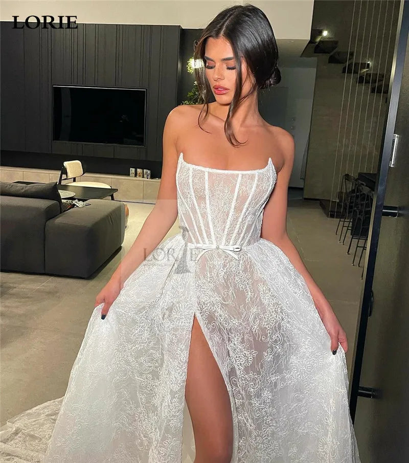 LORIE Texture Flat Lace Wedding Dresses A Line Strapless Bride Dress Side Split Wedding Gowns