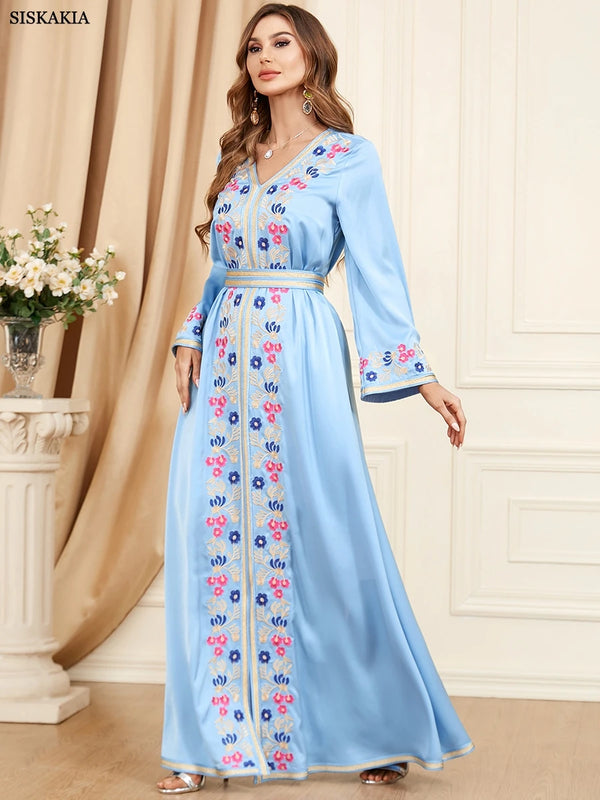 Ethnic Kuwaiti Women's Jalabiyat Abaya For Uae Dubai Female Solid Embroidery Belted Robe Ramadan Musulmane Caftan Dress