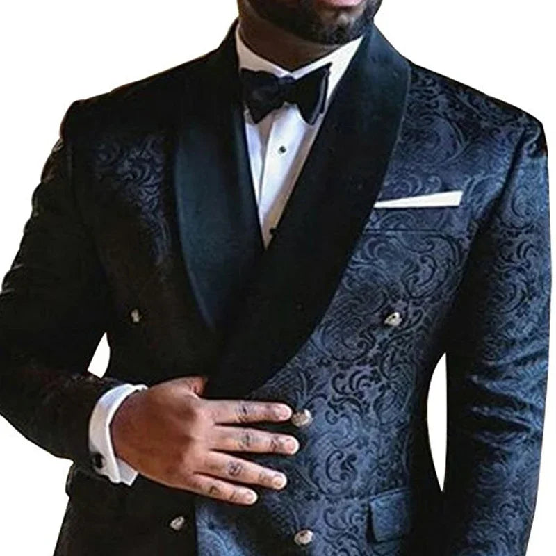 Floral Jacquard Men Suits Slim Fit with Double Breasted Wedding Tuxedo for Groomsmen Black Shawl Lapel Male Fashion Set Costume