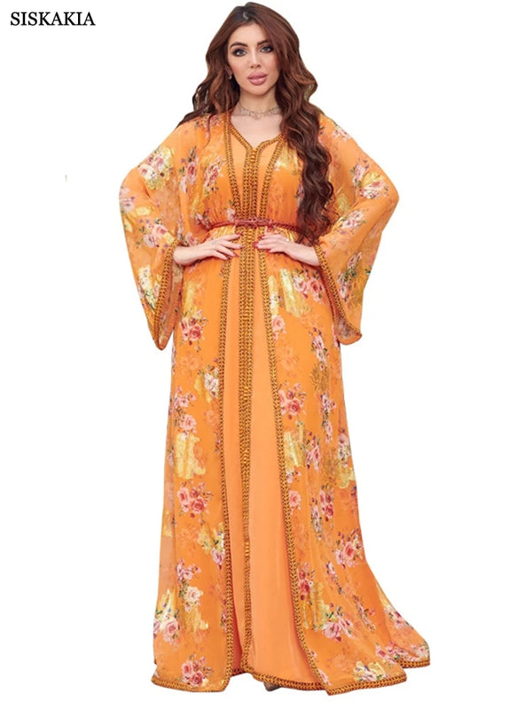 Djellaba Marocaine Two Piece Muslim Dress Chiffon Print Belted Kaftan Ramadan Gown Abayas Islamic Cloth Turkish Women Clothes