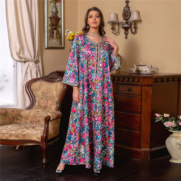 Moroccan Jalabiya 2024 Women Abaya Muslim Hijab Dress Vintage Floral Print Kaftan Ramadan Dubai Modest Dresses Party Arabic Gown