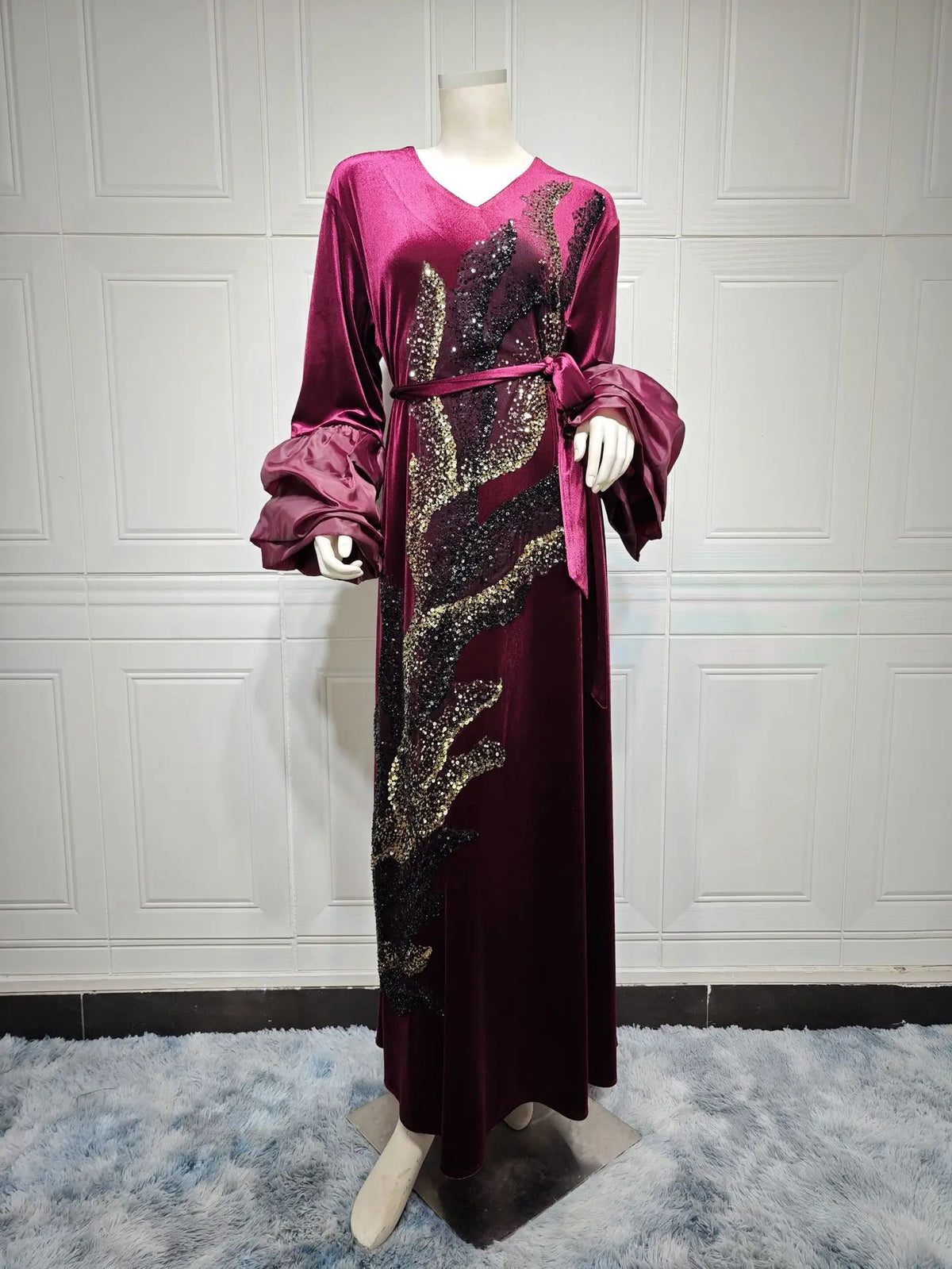 Uni Sequin Velvet Muslim Women Abaya Puff Sleeve Dress Turkey Dubai Arab Robe Eid Ramadan Party Islam Jalabiya Vestido ﻿