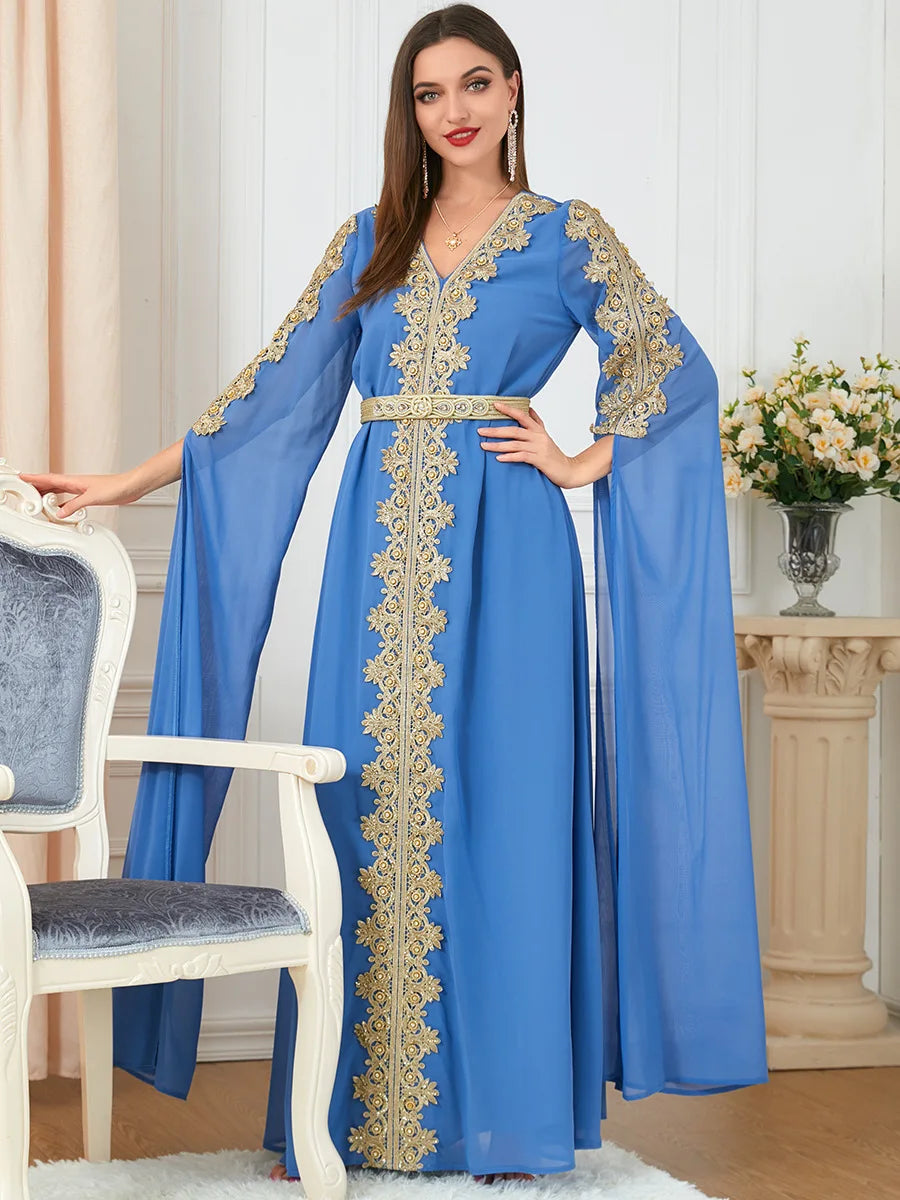 Chiffon Arabic Dresses for Women Extra Long Sleeve Moroccan Kaftan Embroidery Appliques Evening Party Islamic Kaftan Ramadan