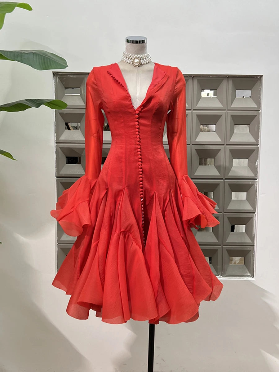 TWOTWINSTYLE Solid Spliced Button Slimming Dresses For Women O Neck Long Sleeve High Waist Patchwork Ruffles Female Fashion New