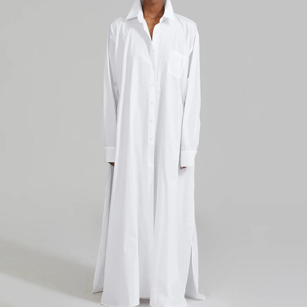 TWOTWINSTYLE Solid Minimalist Split Dresses For Women Lapel Long Sleeve High Waist Patchwork Single Breasted Loose Dress Female