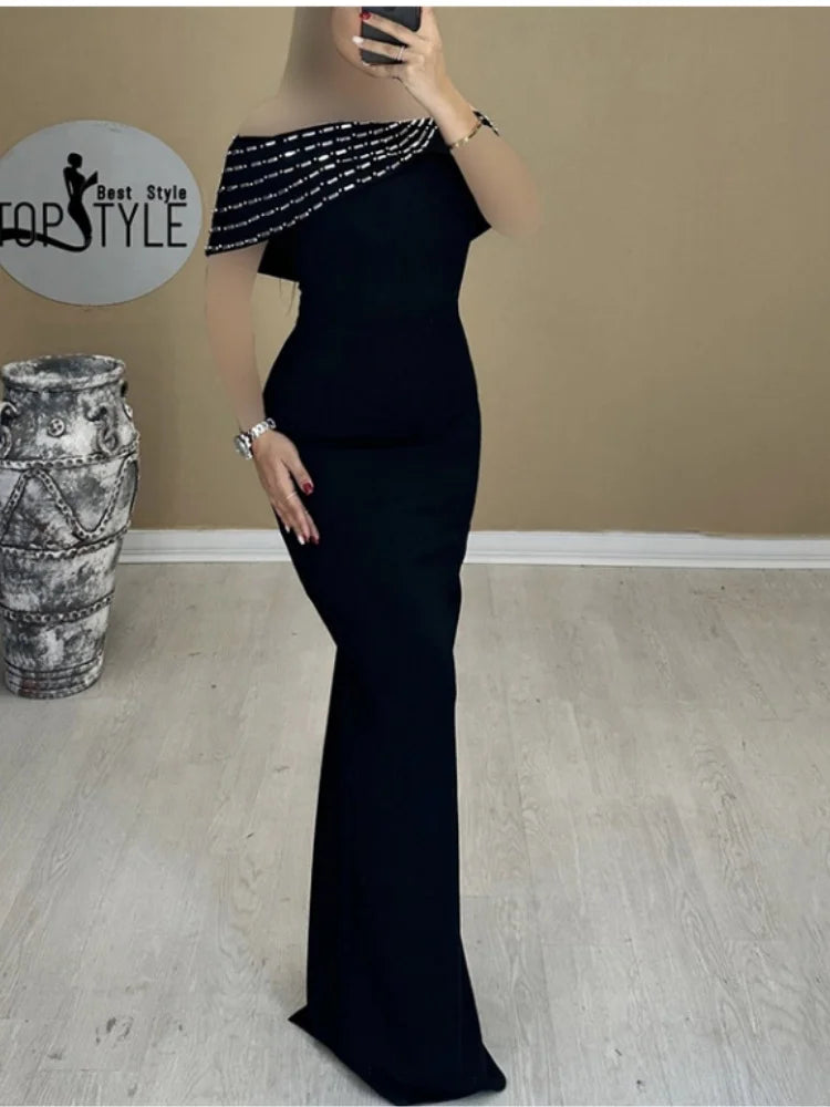 Black Color Women Sexy Slash Neck Shinning Crystal Bodycon Long Bandage Dress Elegant Evening Party Cocktail Red Carpet Dress