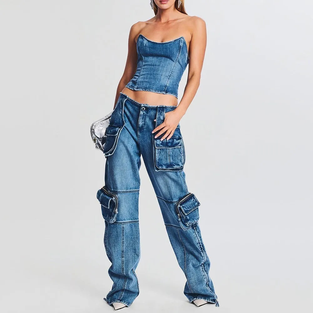 TWOTWINSTYLE Denim Vintage Two Piece Sets For Women Strapless Sleeveless Tops High Waist Spliced Pockets Pant Casual Set Female